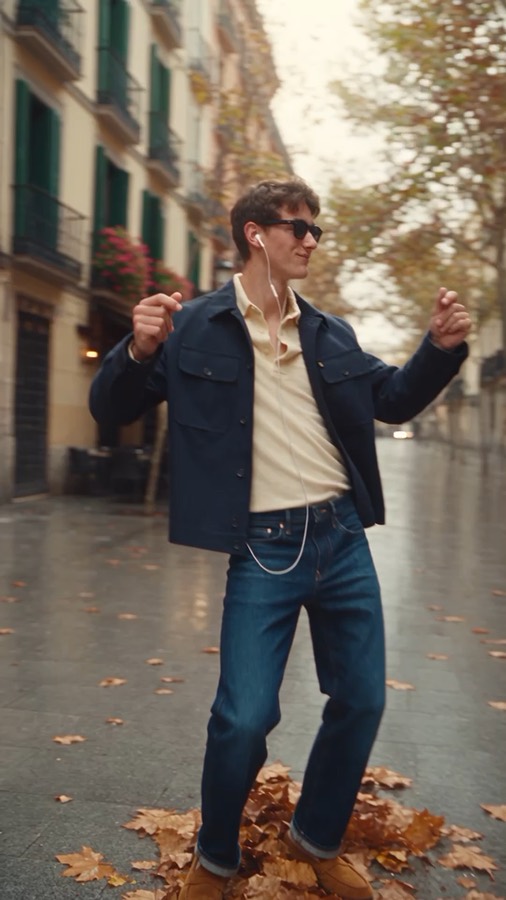 Autumn Groove ad: a man dancing down a rainy autumn street with wired earphones