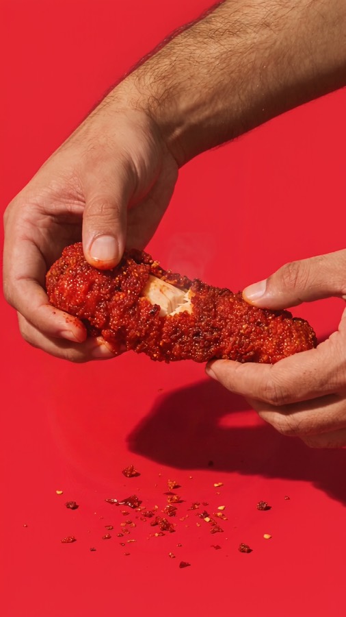 Hot and Crispy ad: a spicy chicken tender torn open on red