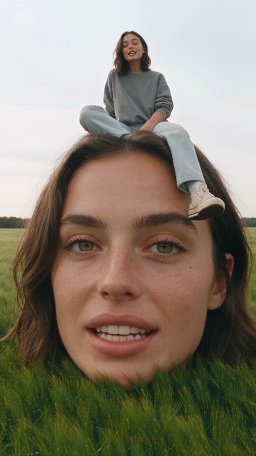 Mind Field ad: a giant face rising from a green field with the same woman sitting on top of her head